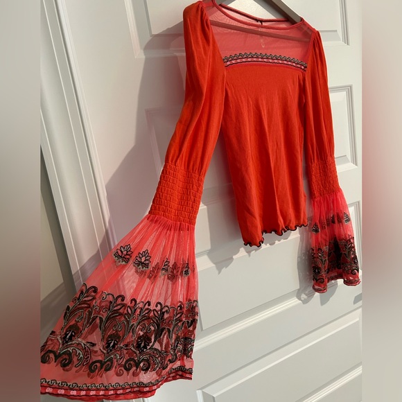 Free People Tops - Free People Bell Sleeve Mesh Top Red Size XS